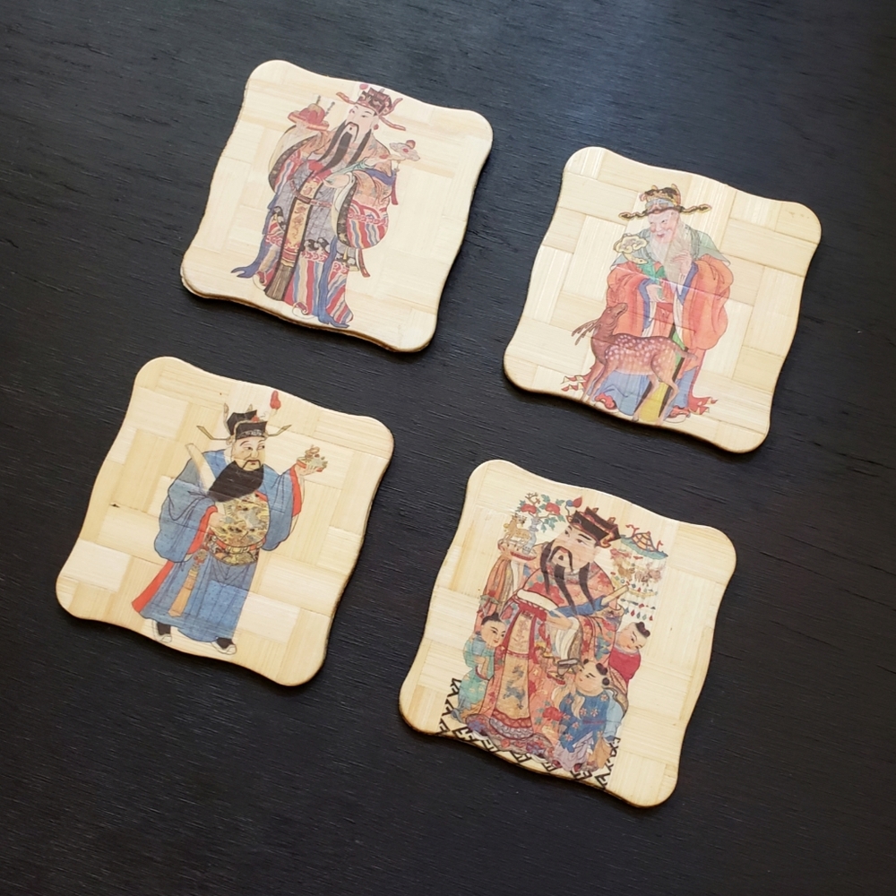 Vintage Japanese Square Bamboo Print Coaster Set x 4